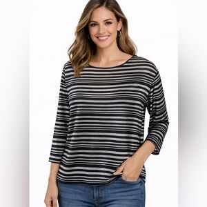 Peck & Peck Womens Black Gray  3/4 Sleeve‎ Scoop Neck Pullover Top Size PXL